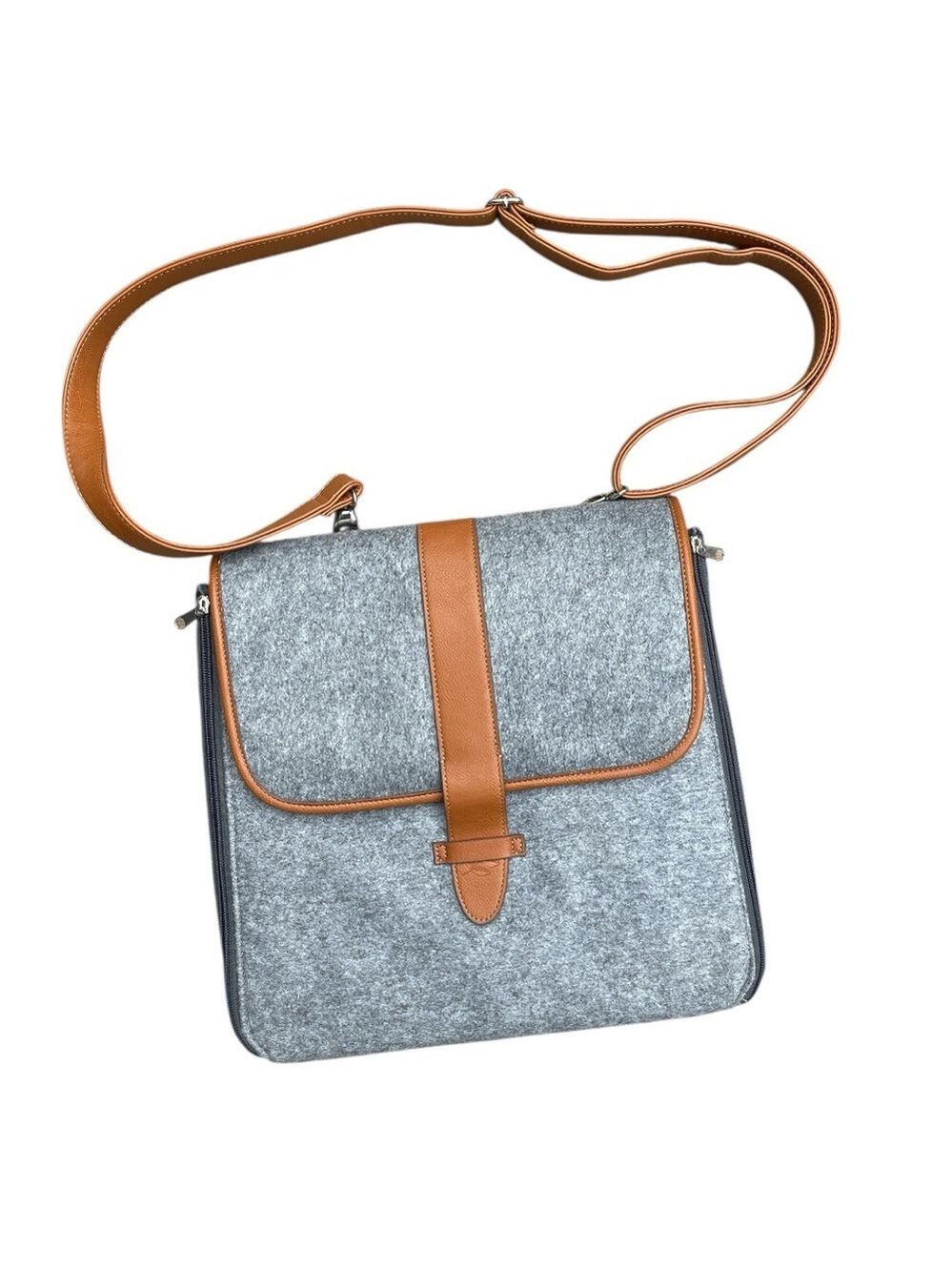 Gray Felt Laptop Messenger Bag Crossbody Office Briefcase 15” Tan Trim